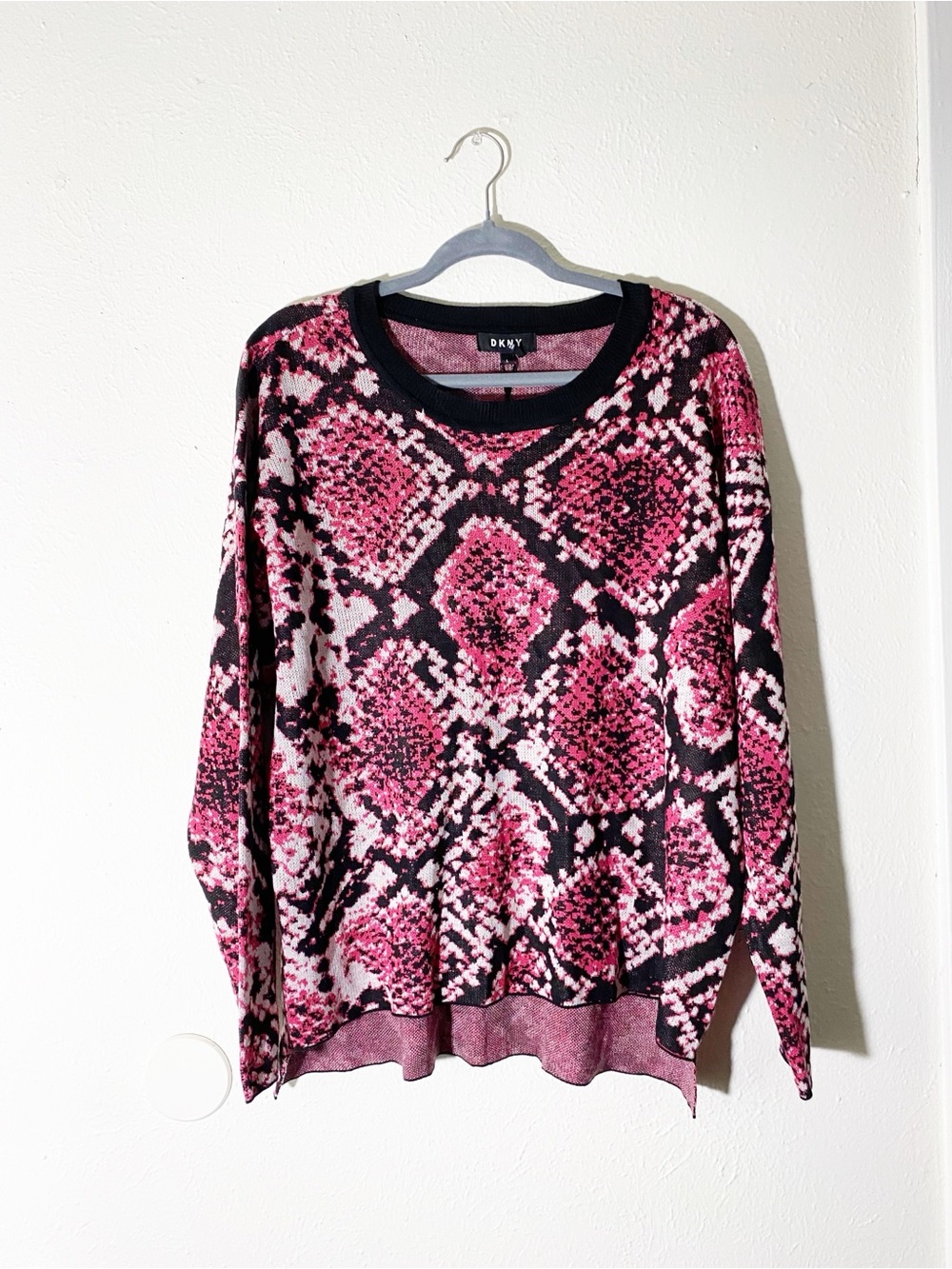 DKNY Pink & Black Snake-Print Crewneck Sweater
